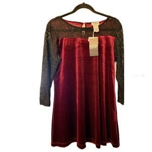 Monroe & Main Burgundy Velvet Dress with Black Lace